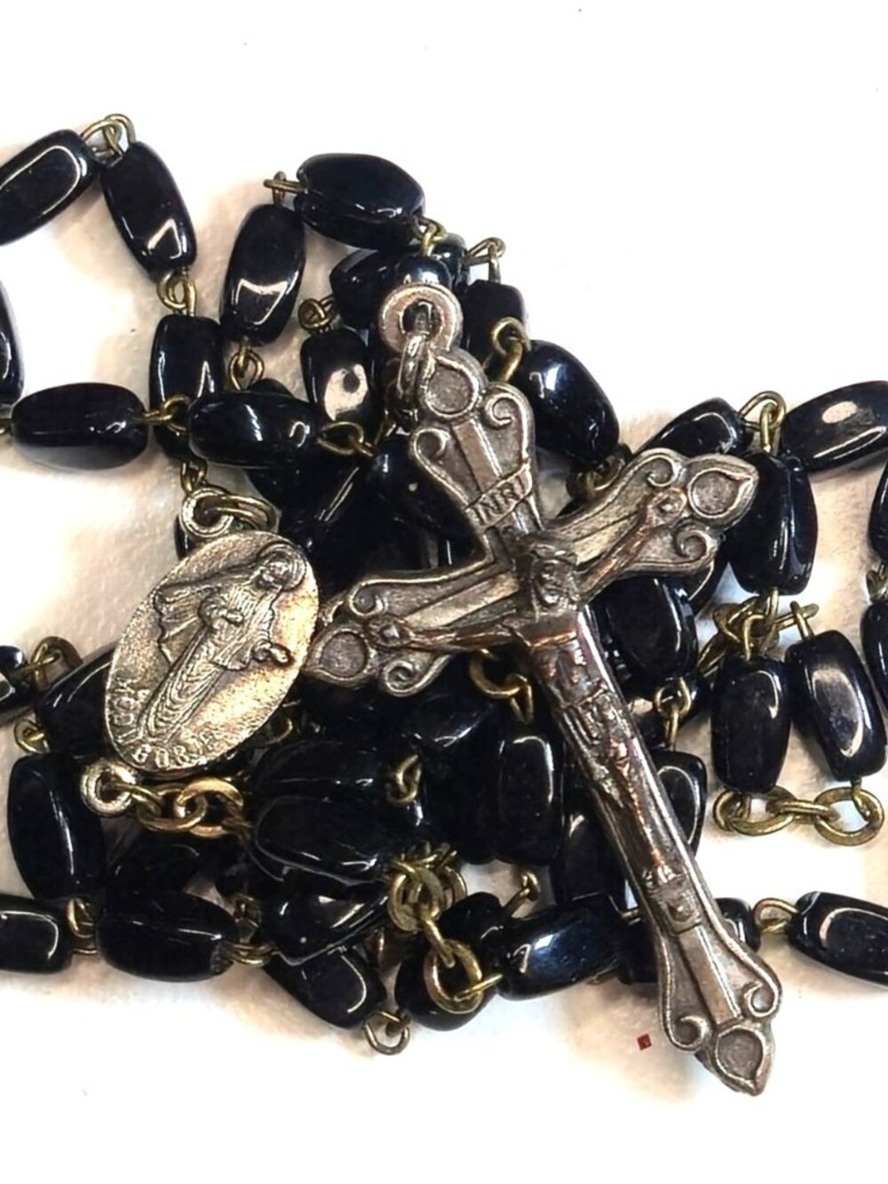 Vintage Rosary Cross long glass black beads made in Italy Catholic necklace